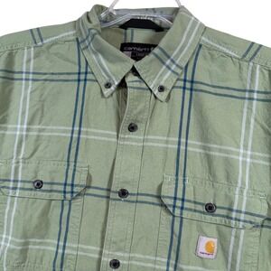 Carhartt Button Down Shirt Mens Large Green Plaid Short Sleeve Loose Fit